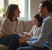 A warm, inviting image of a psychologist listening empathetically to a parent and child in