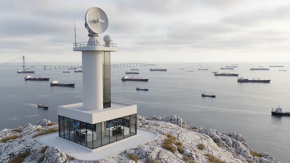Eye-level view of a coastal radar installation monitoring maritime traffic