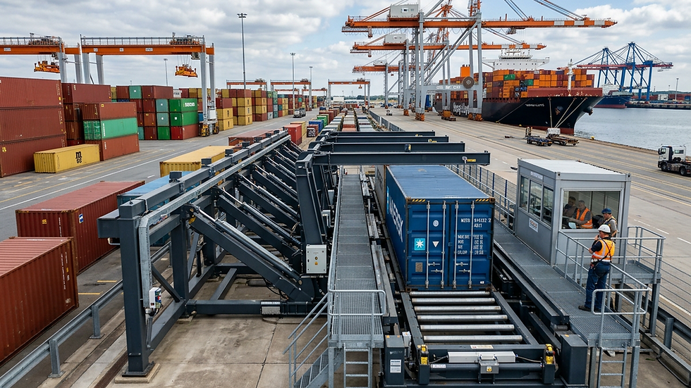 Eye-level view of a modular mechanical system installed at a maritime terminal