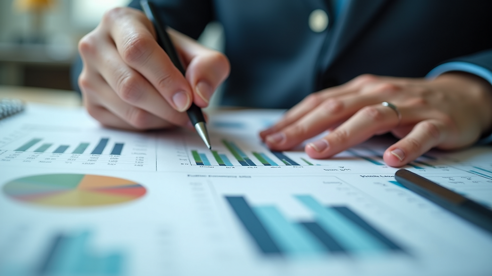 Close-up view of a person working on financial charts and graphs