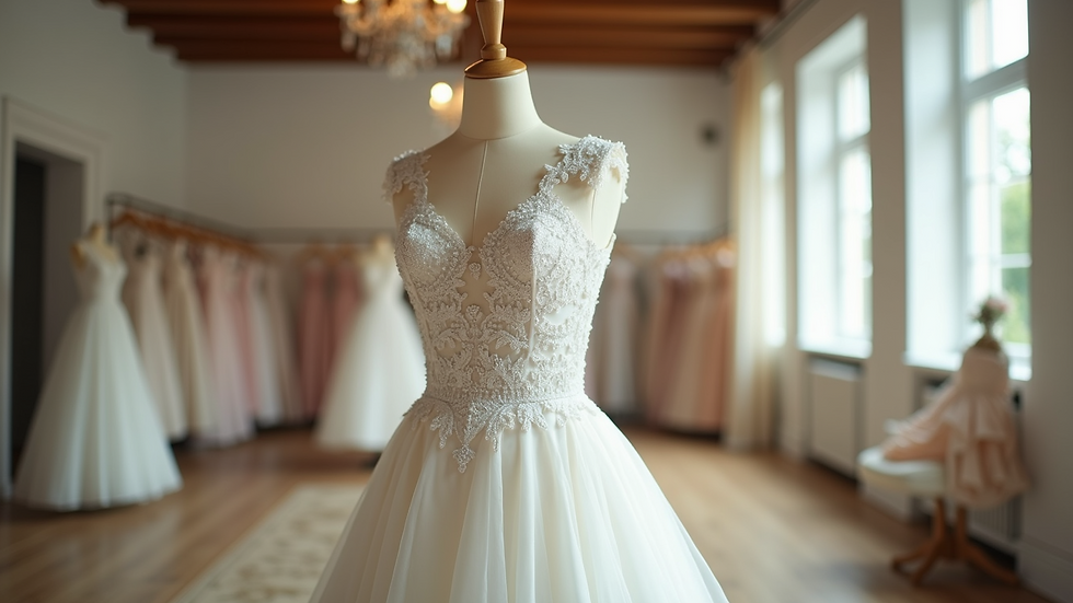 Eye-level view of a bridal gown on a mannequin in a boutique