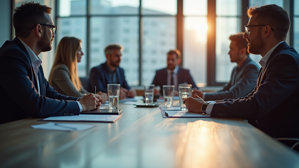 Eye-level view of a business meeting discussing market strategies