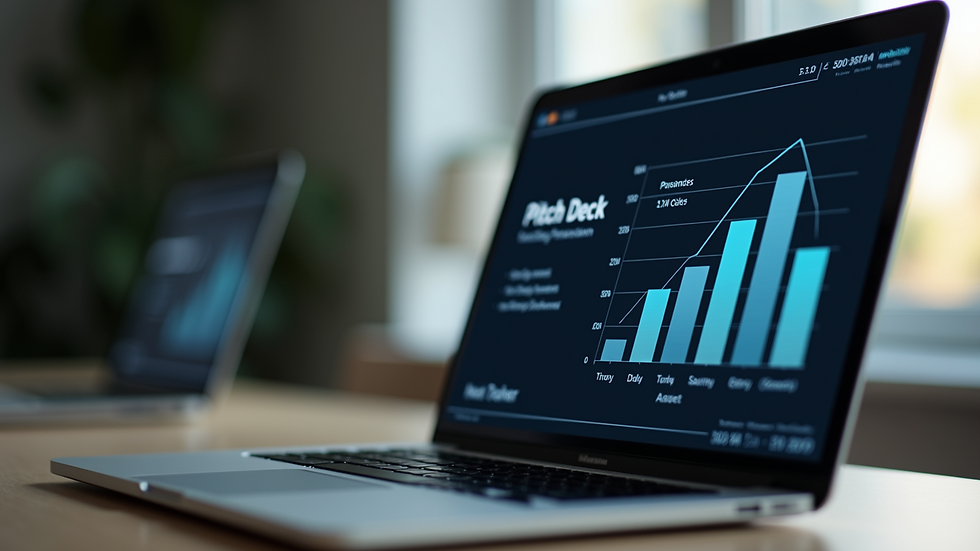 Close-up view of a laptop screen showing a pitch deck presentation