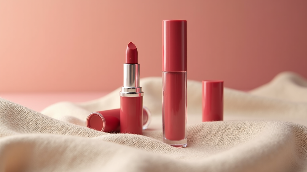 Eye-level view of cruelty-free lip tint tubes displayed on a natural linen cloth