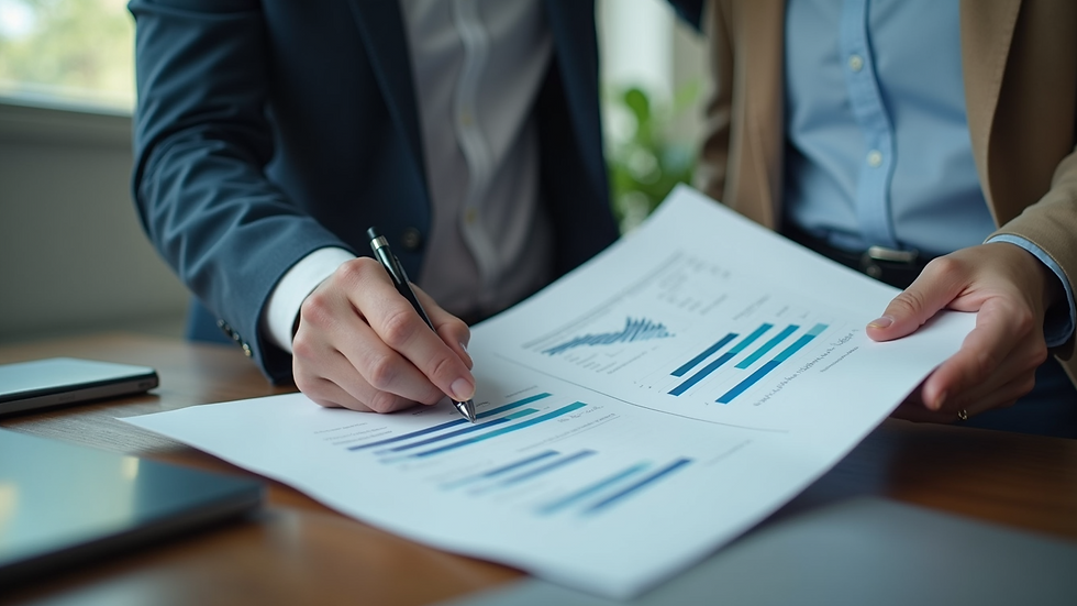Close-up view of a business consultant reviewing financial charts with a startup founder