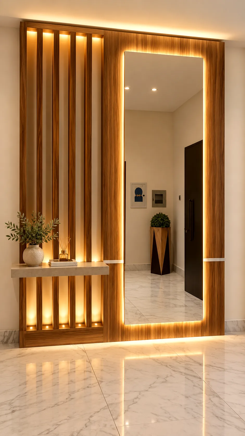 Entrance mirror framed by vertical timber slats and illuminated display niches.