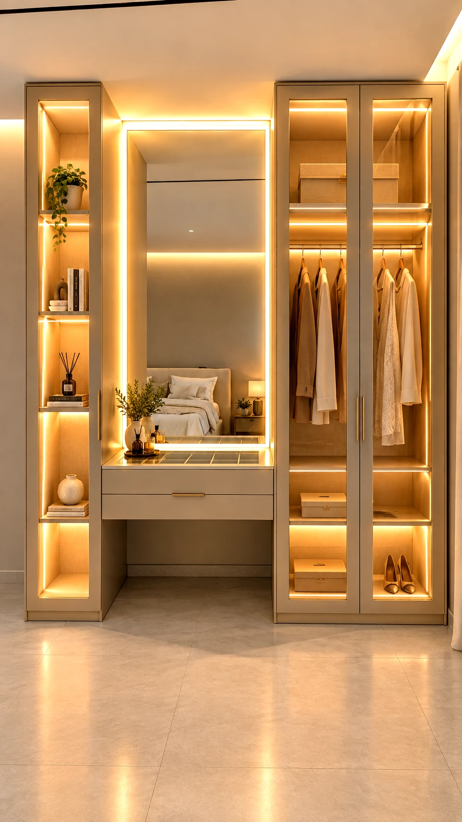 Built-in glass-door wardrobes flanking a dressing table with illuminated mirror and drawers.