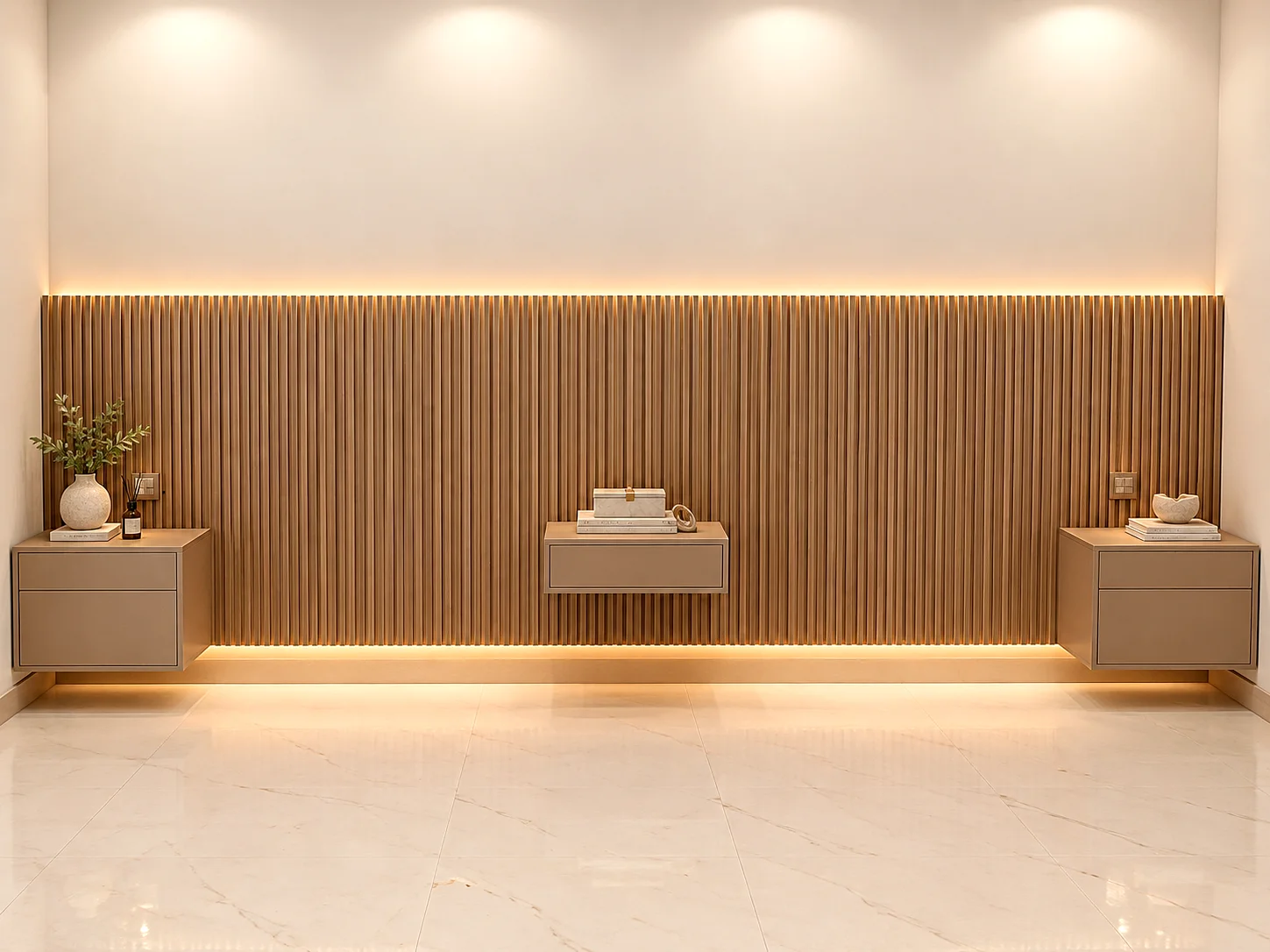 Fluted timber wall paneling with three floating bedside consoles and warm perimeter lighting.