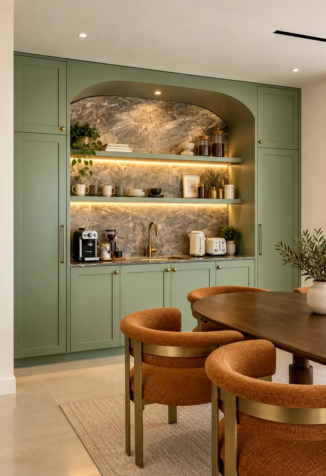 Bespoke sage green kitchen pantry cabinet with a custom arched coffee corner alcove, integrated luxury marble backsplash, and under-cabinet LED strip profiles.