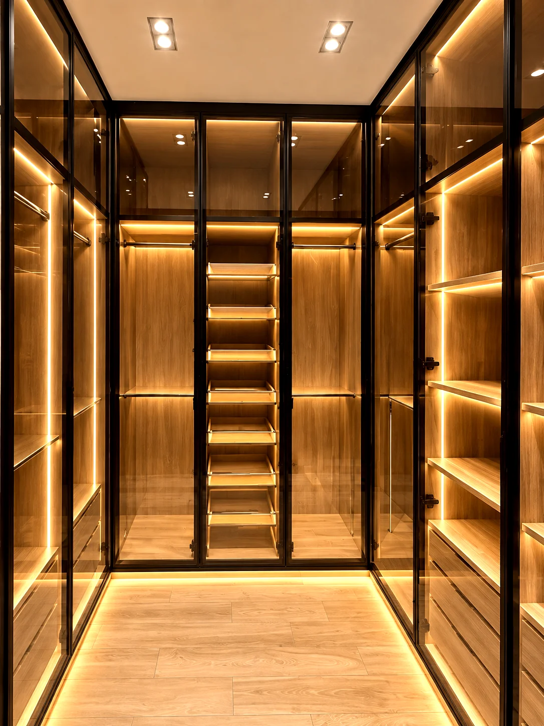 Glass-fronted walk-in wardrobe with timber interiors and integrated vertical lighting.