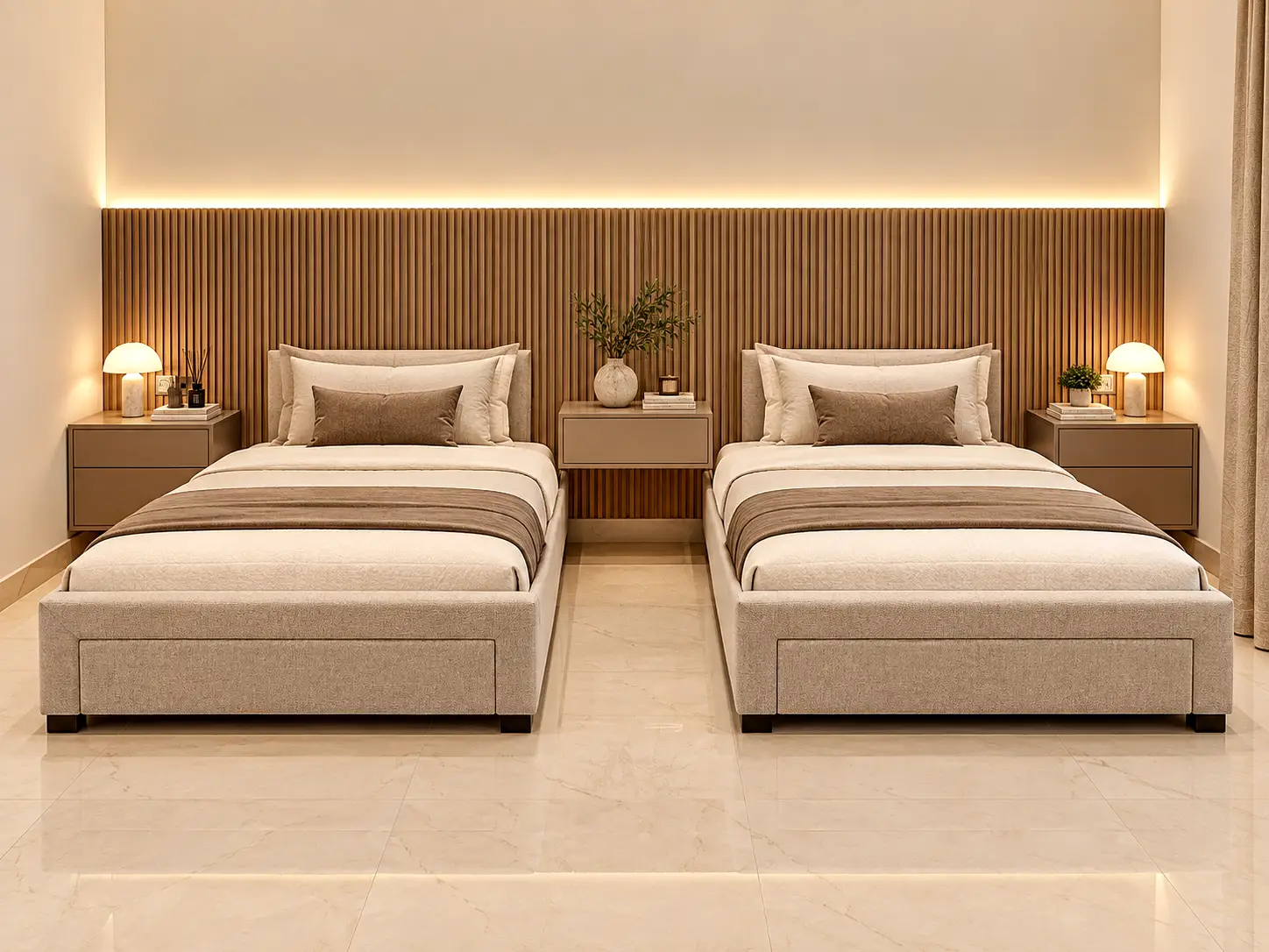 Twin upholstered beds with a shared timber headboard and fitted bedside cabinets.