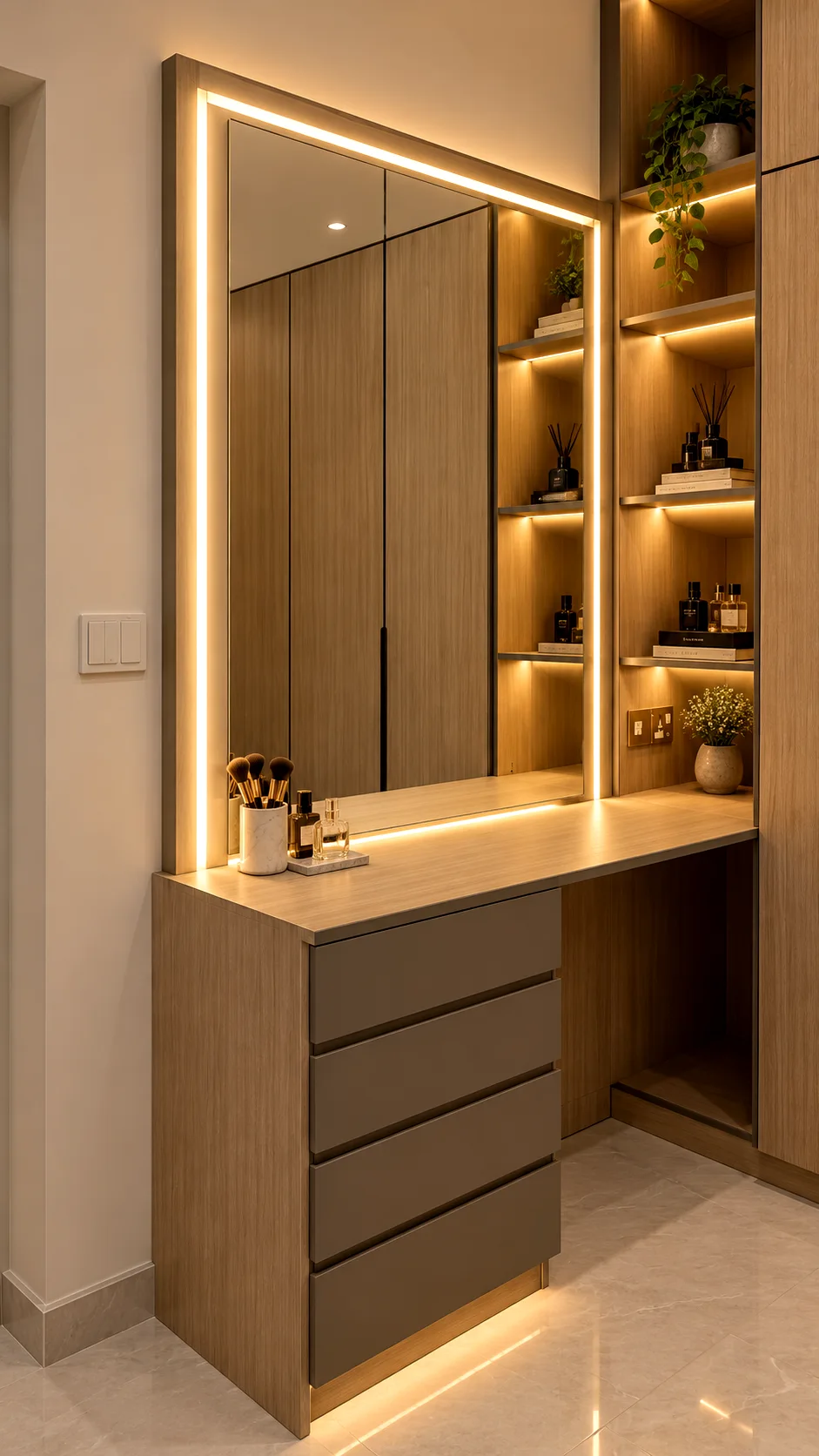 Built-in bedroom dressing table with rectangular illuminated mirror, drawers and open display shelves.