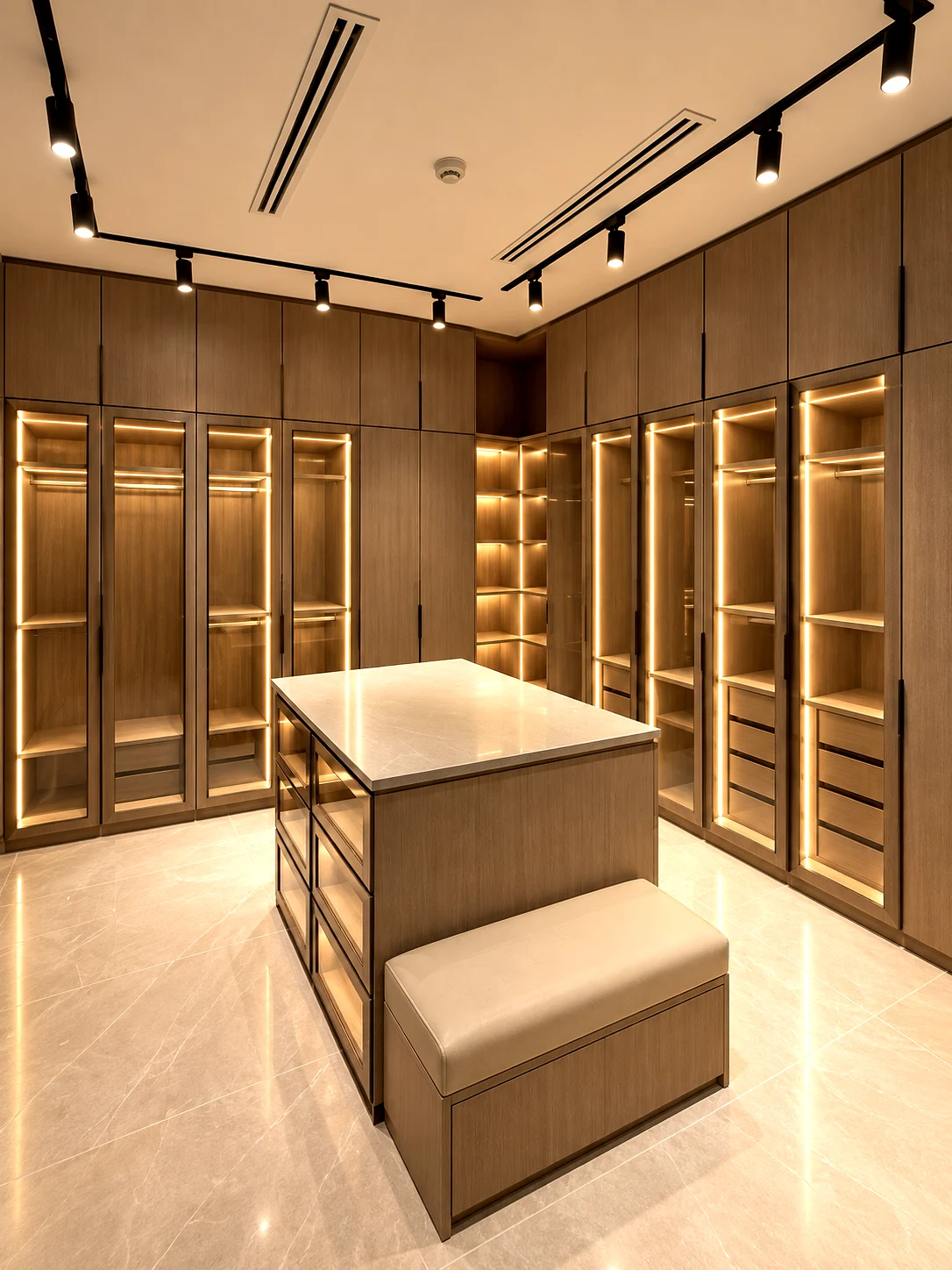 Walk-in closet with full-height glass-fronted wardrobes and a central storage island.