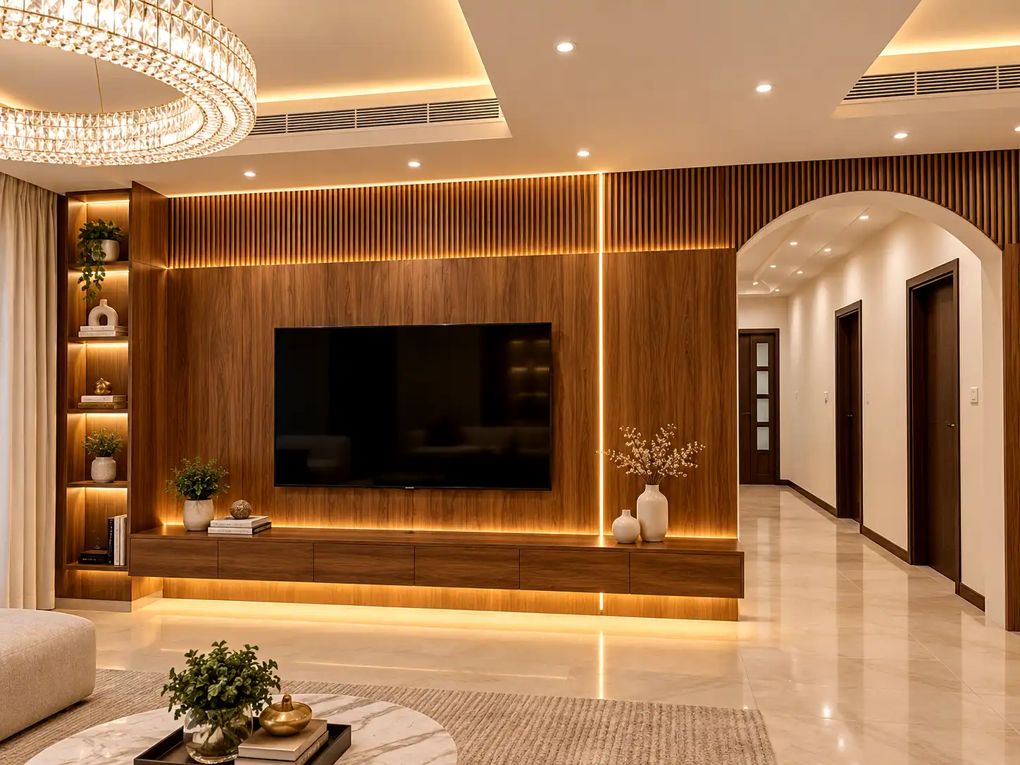 Masterpiece walnut wood TV wall unit featuring a seamless full-height feature wall, built-in floating drawers, fluted timber detailing, and backlit display shelving next to an open arch partition.