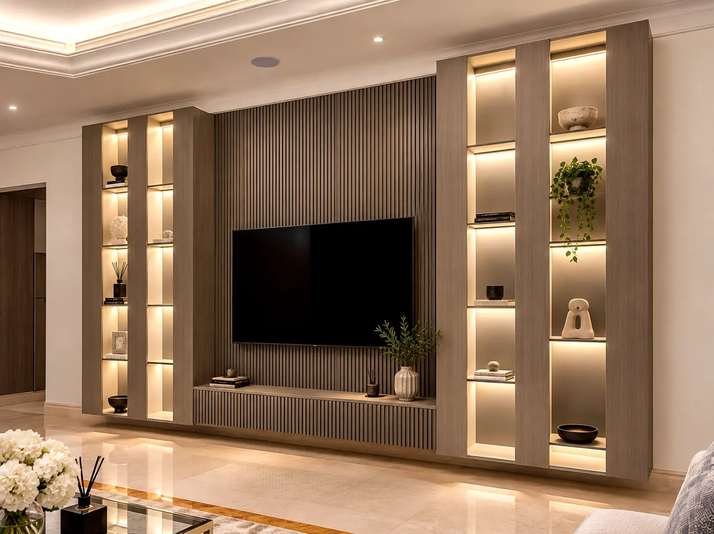 Grand bespoke entertainment center with a dark wood fluted TV wall backdrop and symmetrical tall glass-front display cabinets featuring custom interior accent lighting.