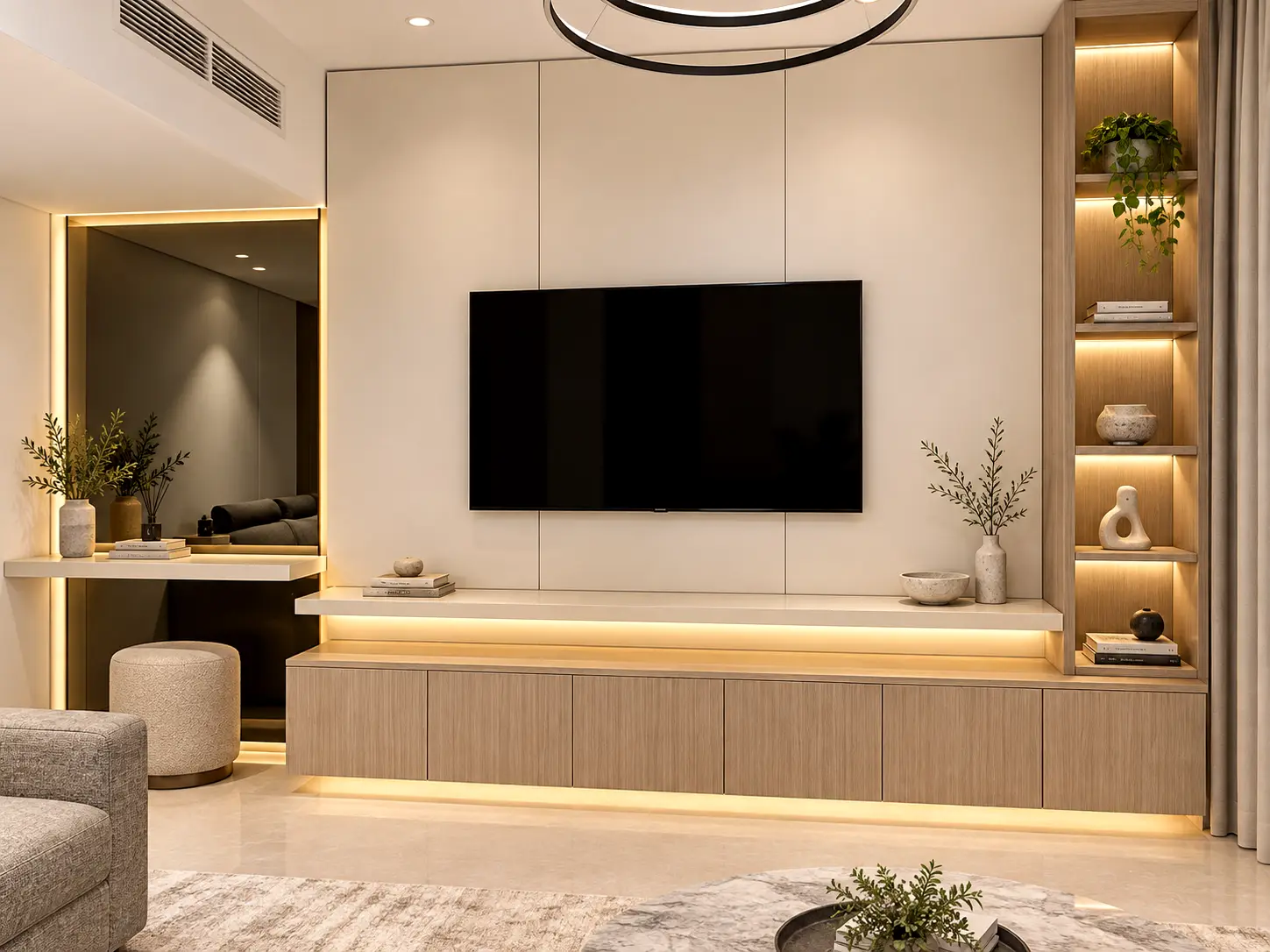 • 
	• Custom residential joinery showcasing a long floating wood entertainment console with an integrated vanity mirror niche and open display shelving.
