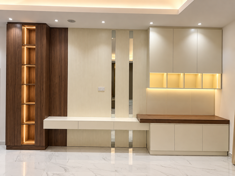 Fitted TV wall cabinetry with storage drawers, illuminated shelves and an integrated study desk.