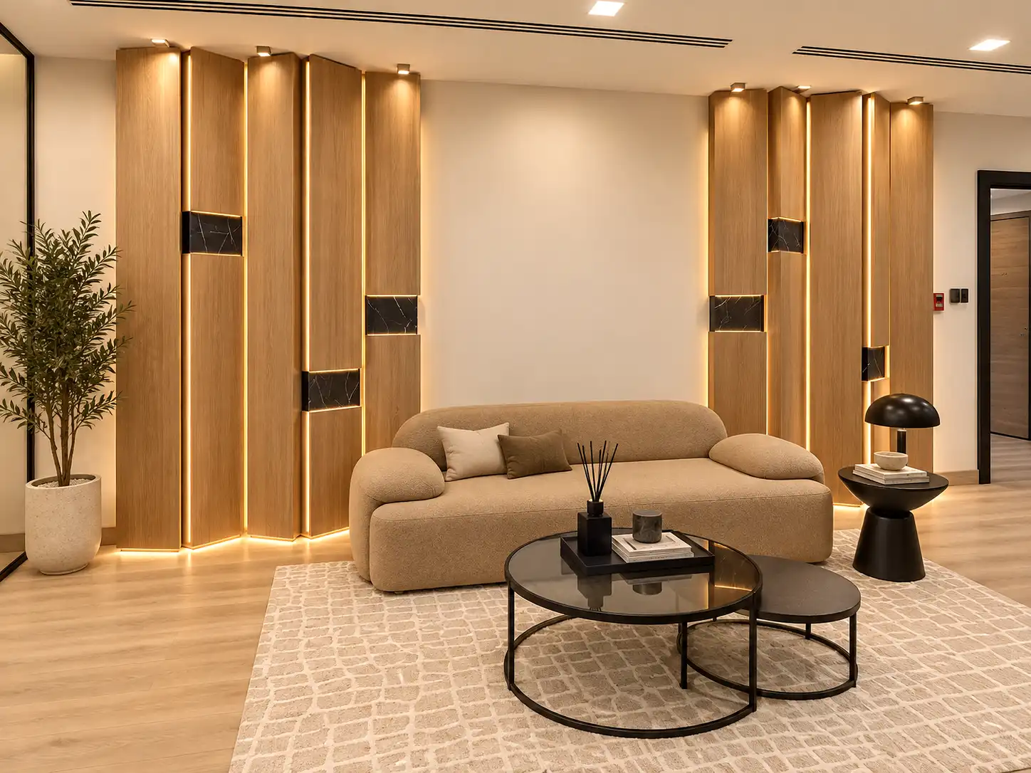 Full-height timber office wall panels with horizontal and vertical integrated LED lighting.