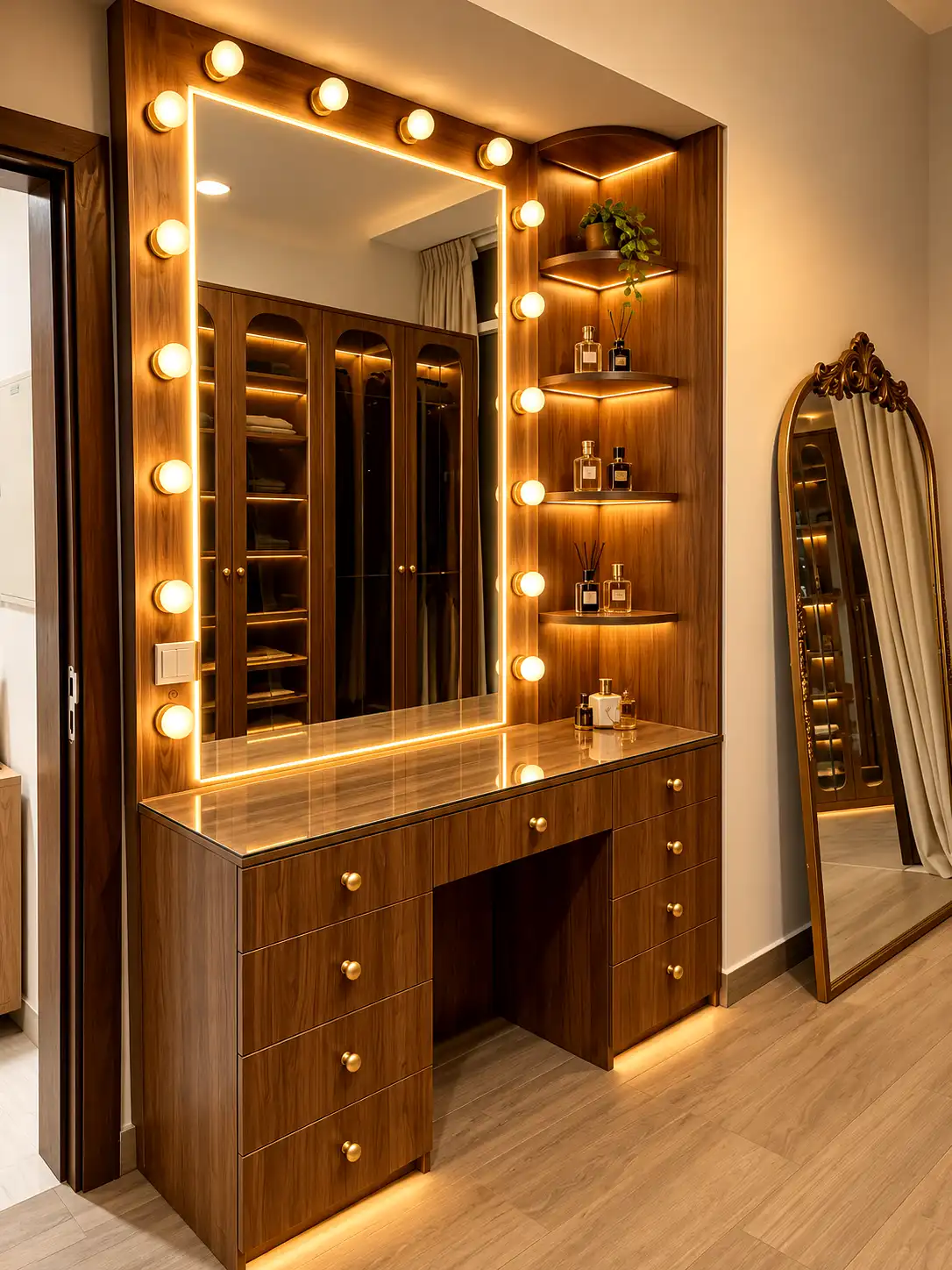 Walnut dressing table with a bulb-lit mirror beside illuminated wardrobe shelving.