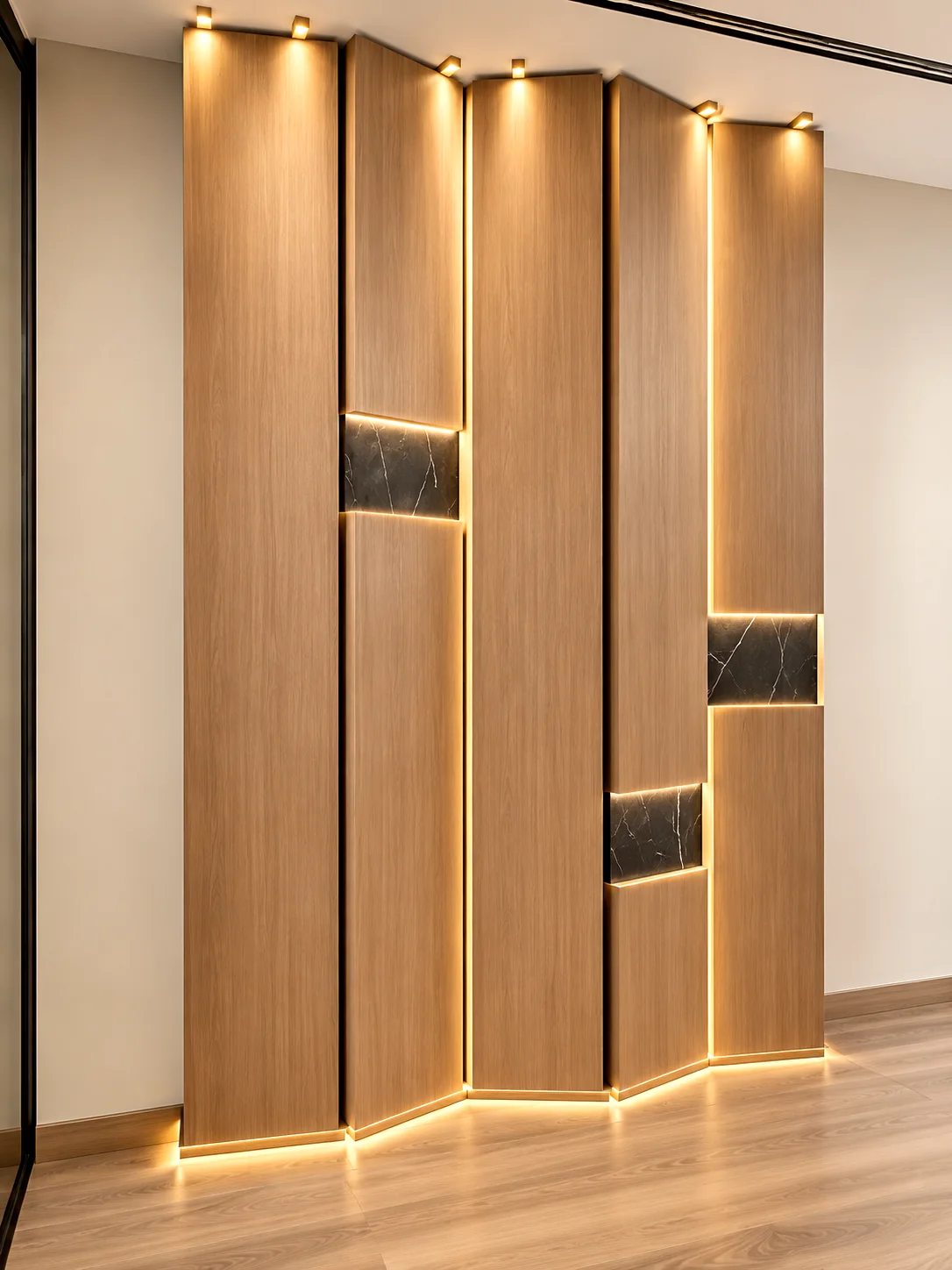 Architectural timber wall cladding with contrasting inset panels and vertical lighting.