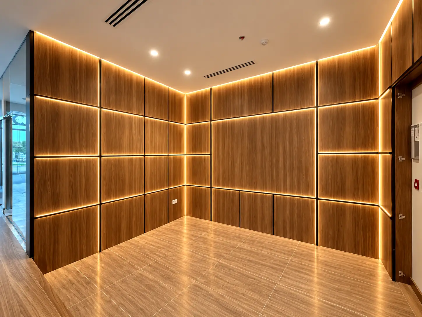 Timber-paneled room with continuous horizontal and vertical warm LED lighting.