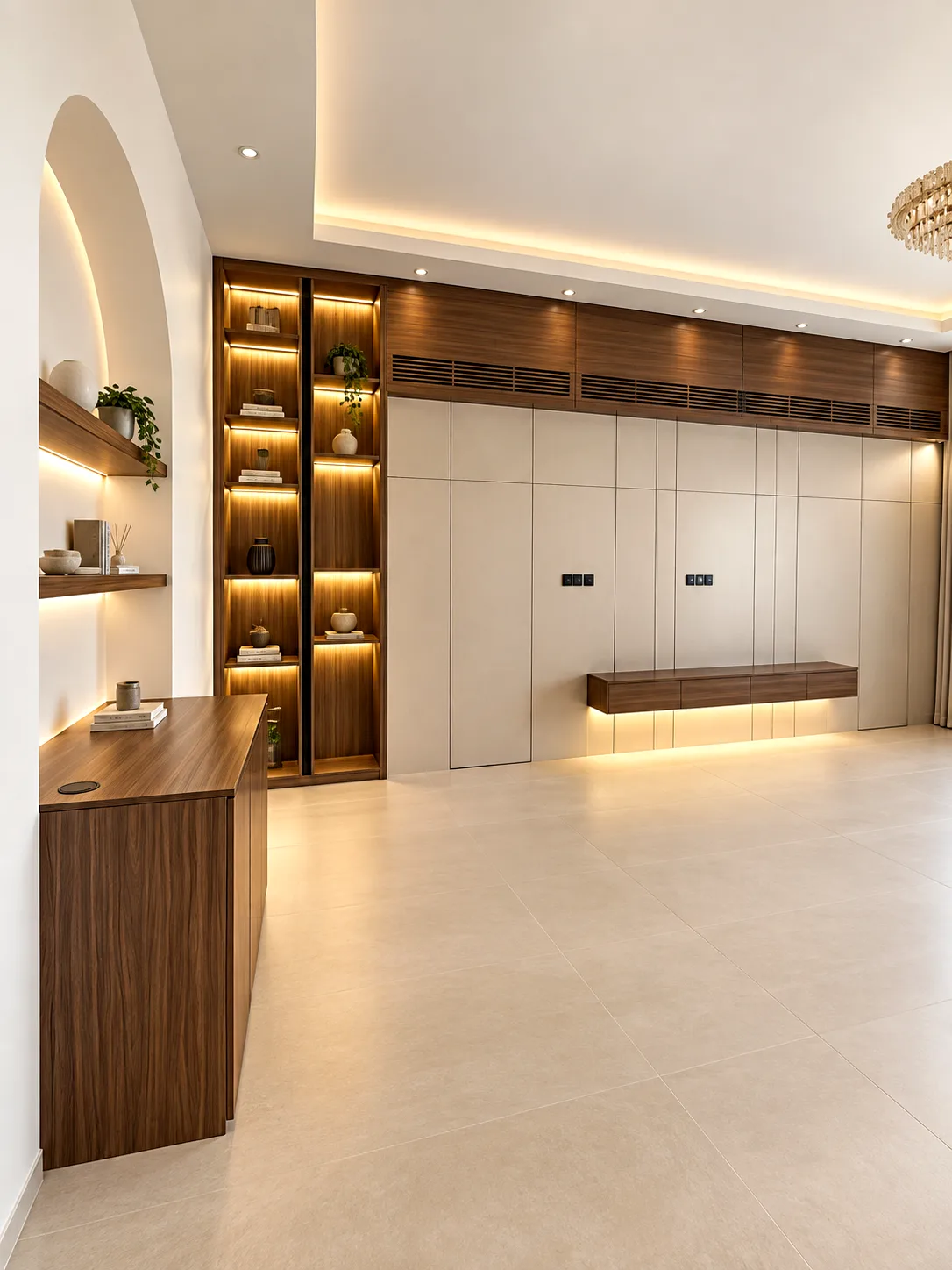 • 
	• High-end floor-to-ceiling custom entertainment center featuring minimalist cream wall panels, an integrated walnut display bookcase, and floating media drawer storage.
