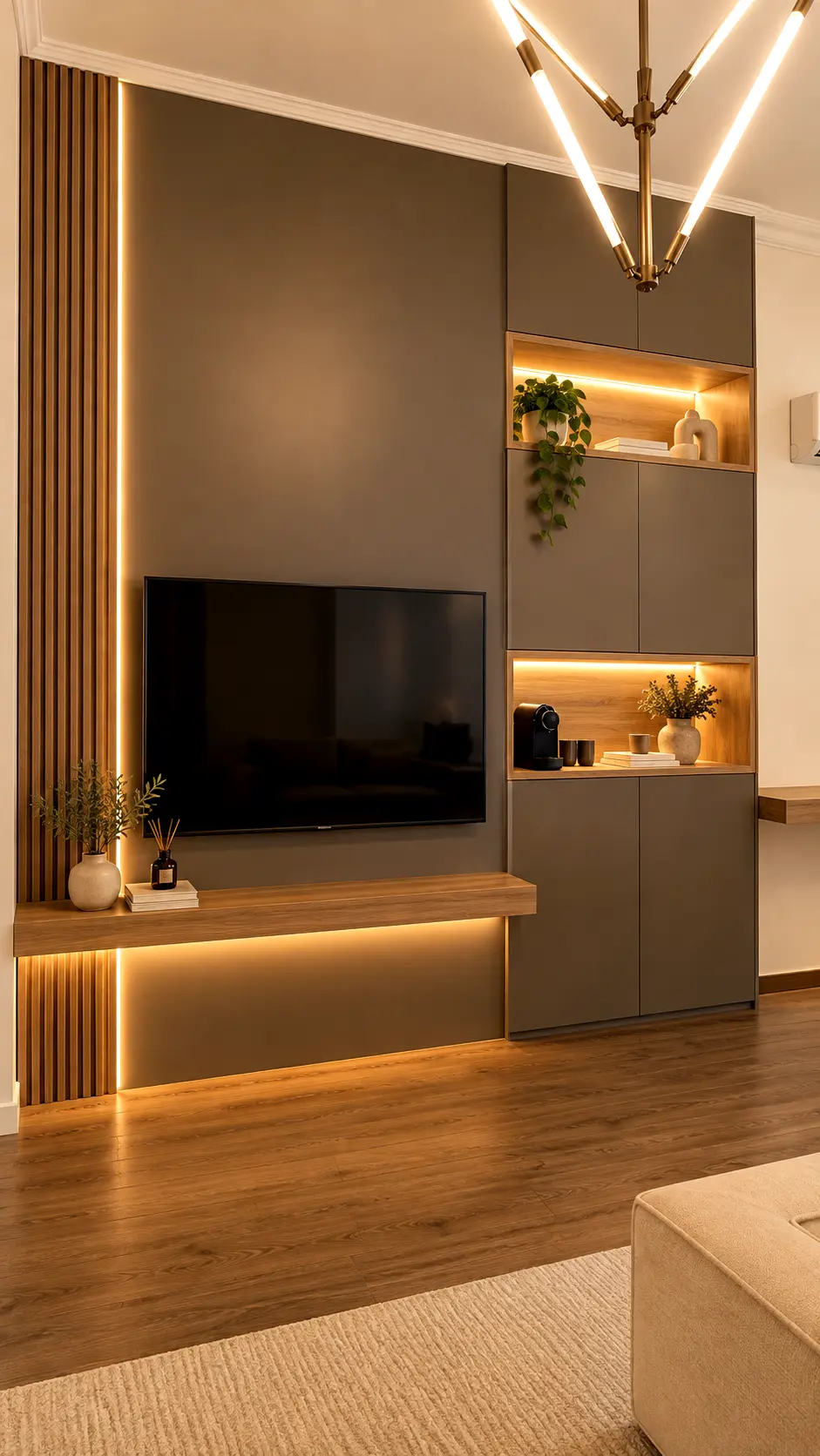 • 
	• Contemporary living room media unit featuring custom vertical timber slats, open display cabinets, warm ambient backlighting, and a floating low-profile media shelf.