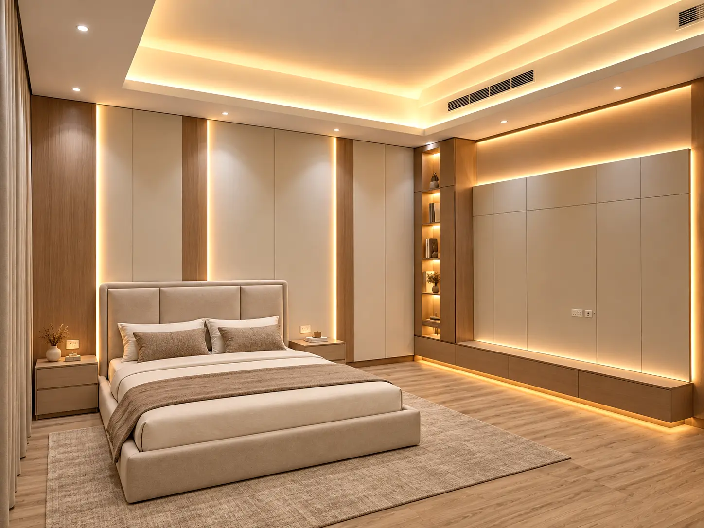 Bedroom with fitted wardrobes, upholstered bed and illuminated wall joinery.