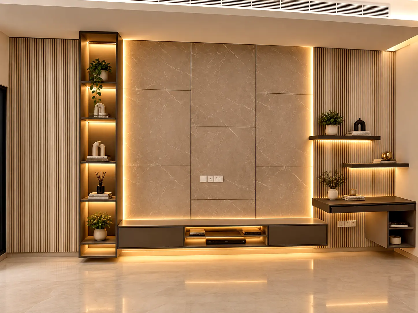 Premium living room joinery package showcasing a custom marble media panel backdrop, integrated fluted timber accents, backlit open display shelving, and an attached floating console desk.