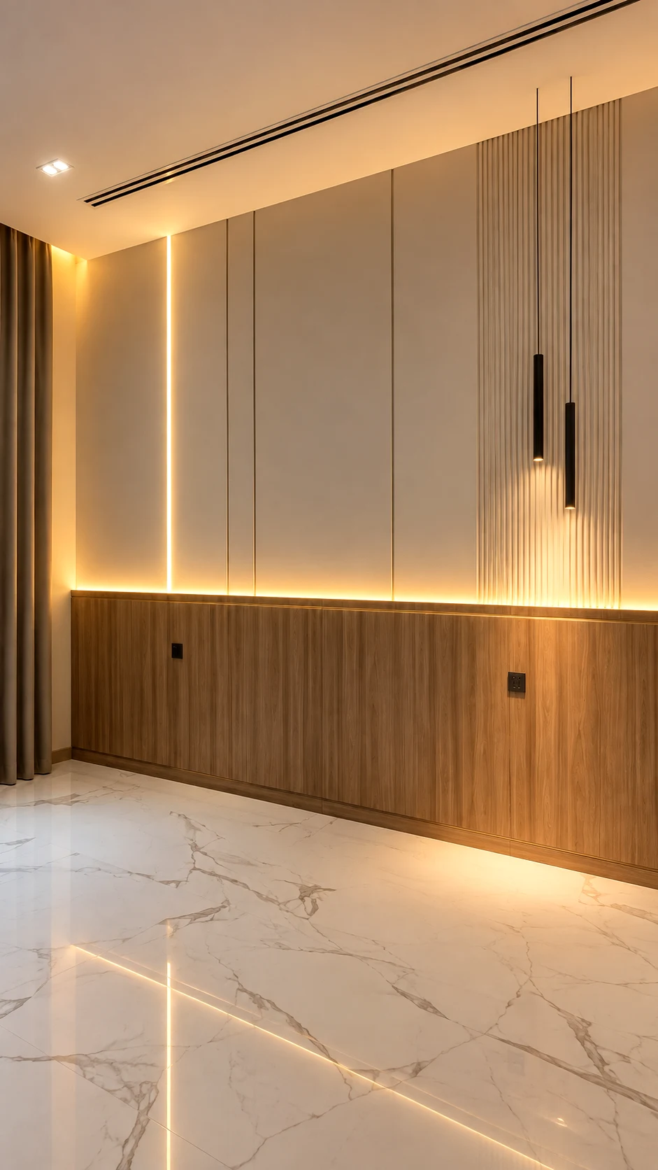 Bedroom wall with vertical timber slats, pale panels, integrated warm lighting and hanging pendant lights.