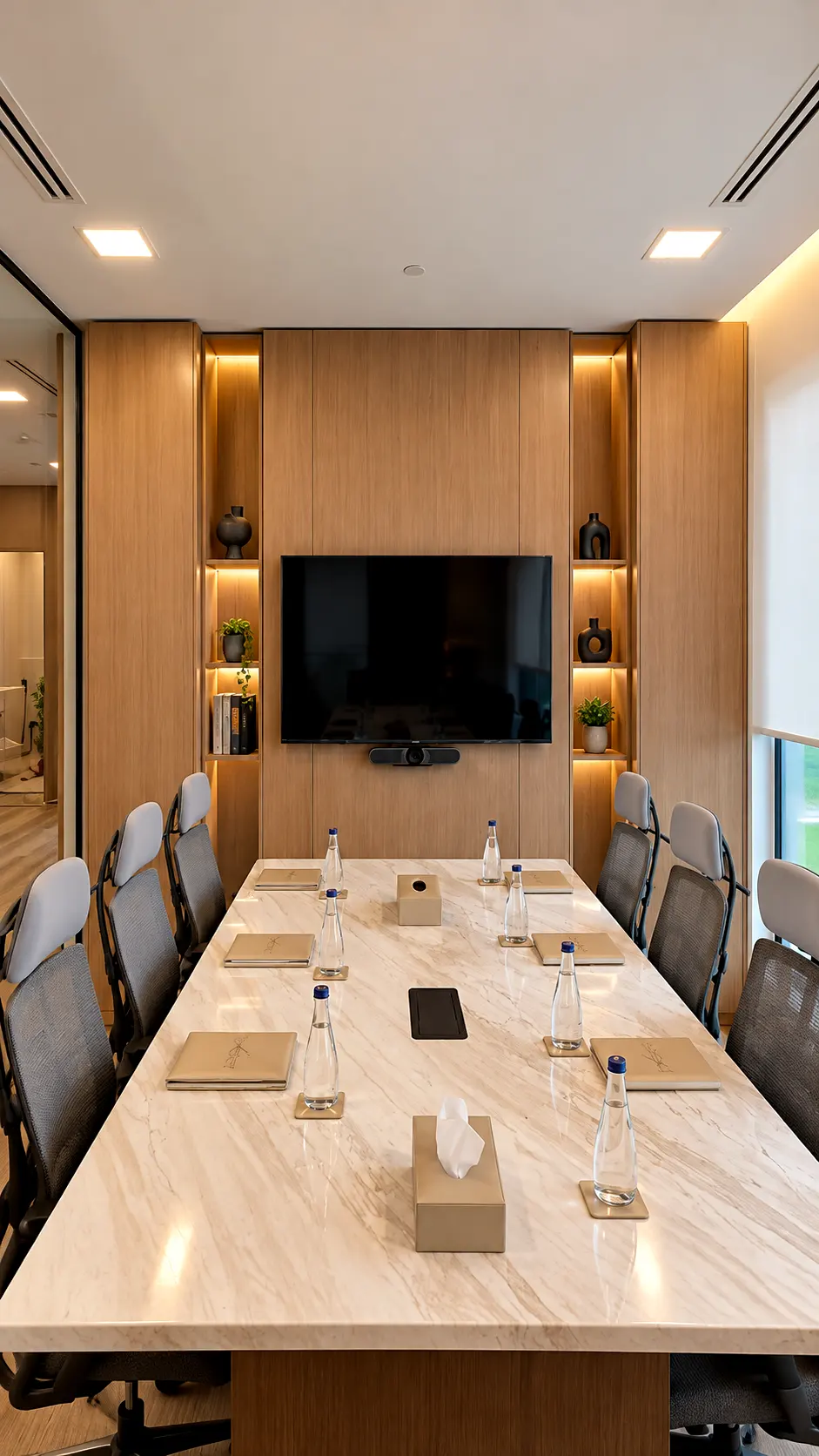 Boardroom with a long meeting table and integrated TV wall cabinetry.