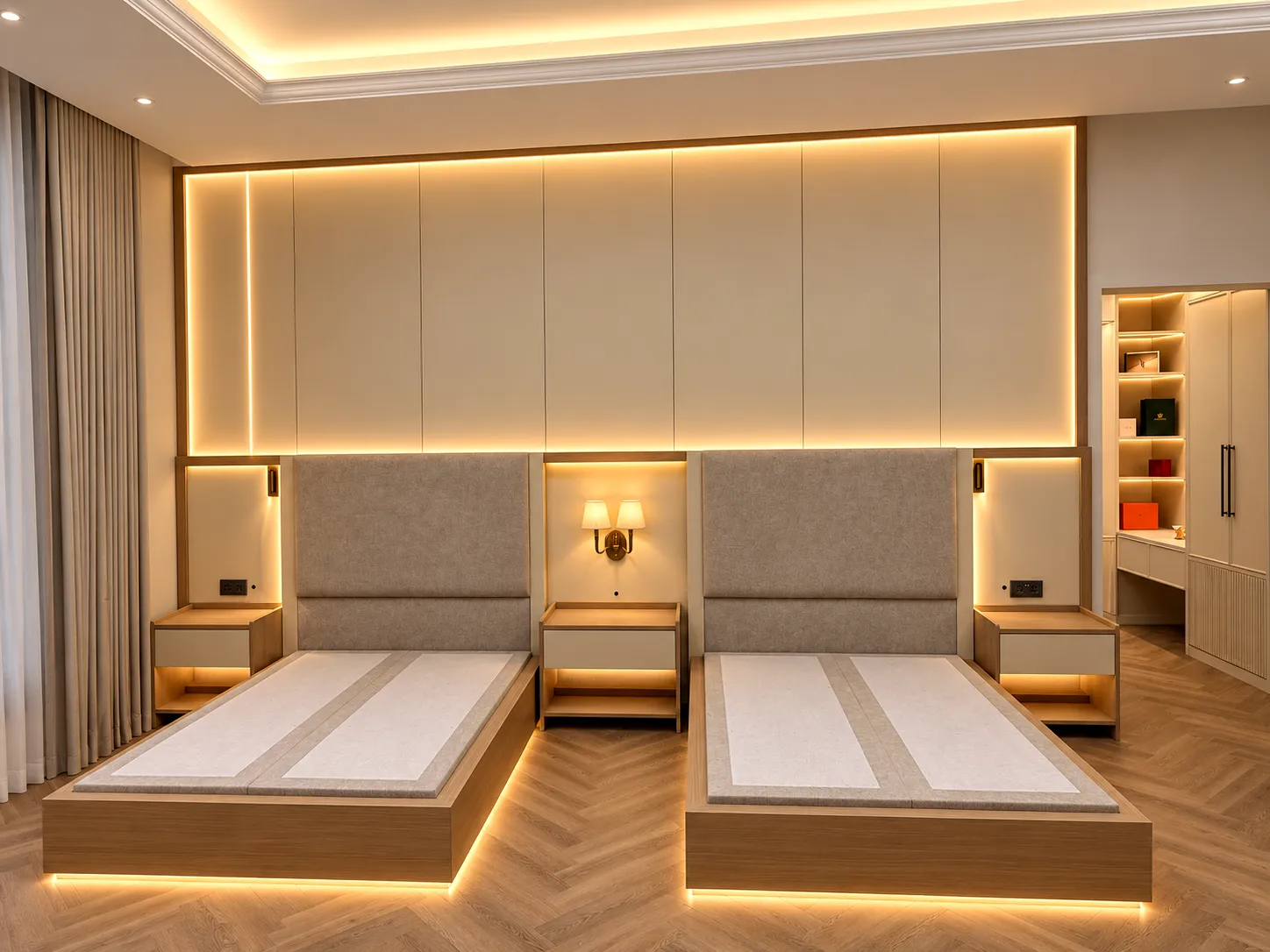 Twin timber bed frames with a shared upholstered headboard and fitted storage above.