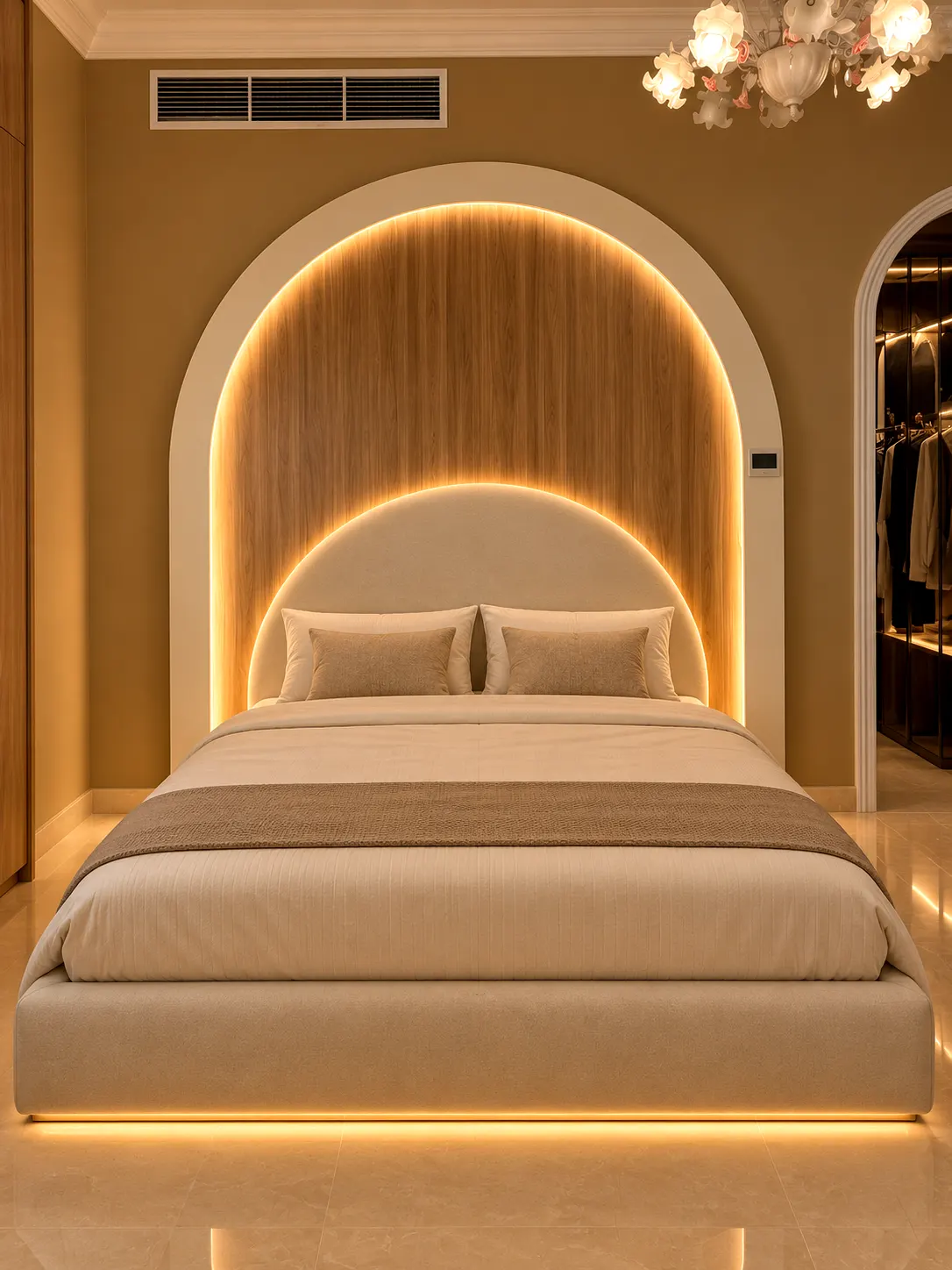 Upholstered bed framed by an arched timber headboard surround with warm lighting.