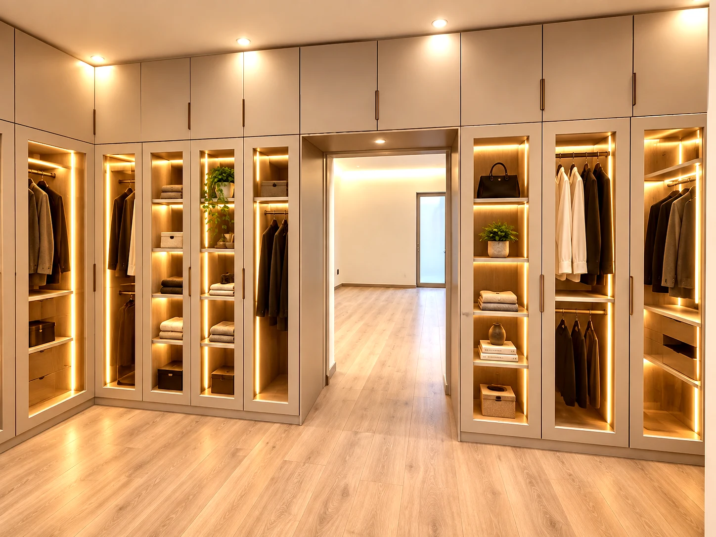 Glass-fronted walk-in wardrobes arranged around a room with warm lighting and a timber dressing table.