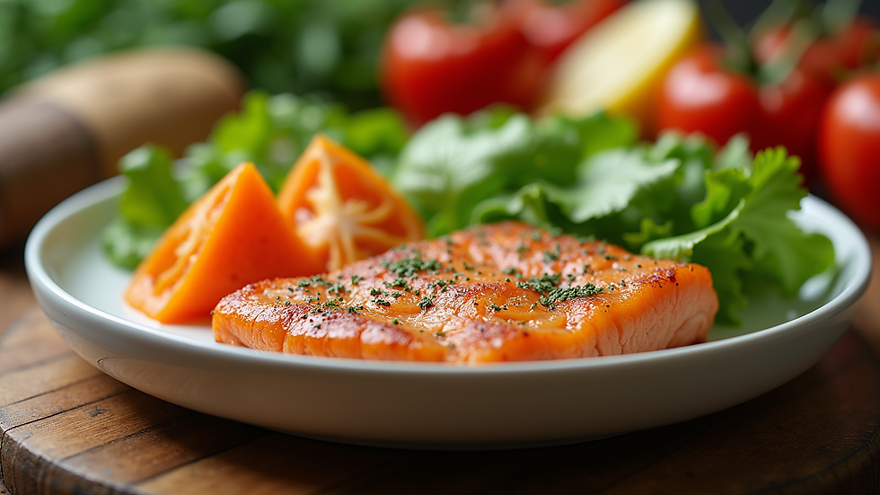 Eye-level view of a balanced meal with fresh vegetables and lean protein
