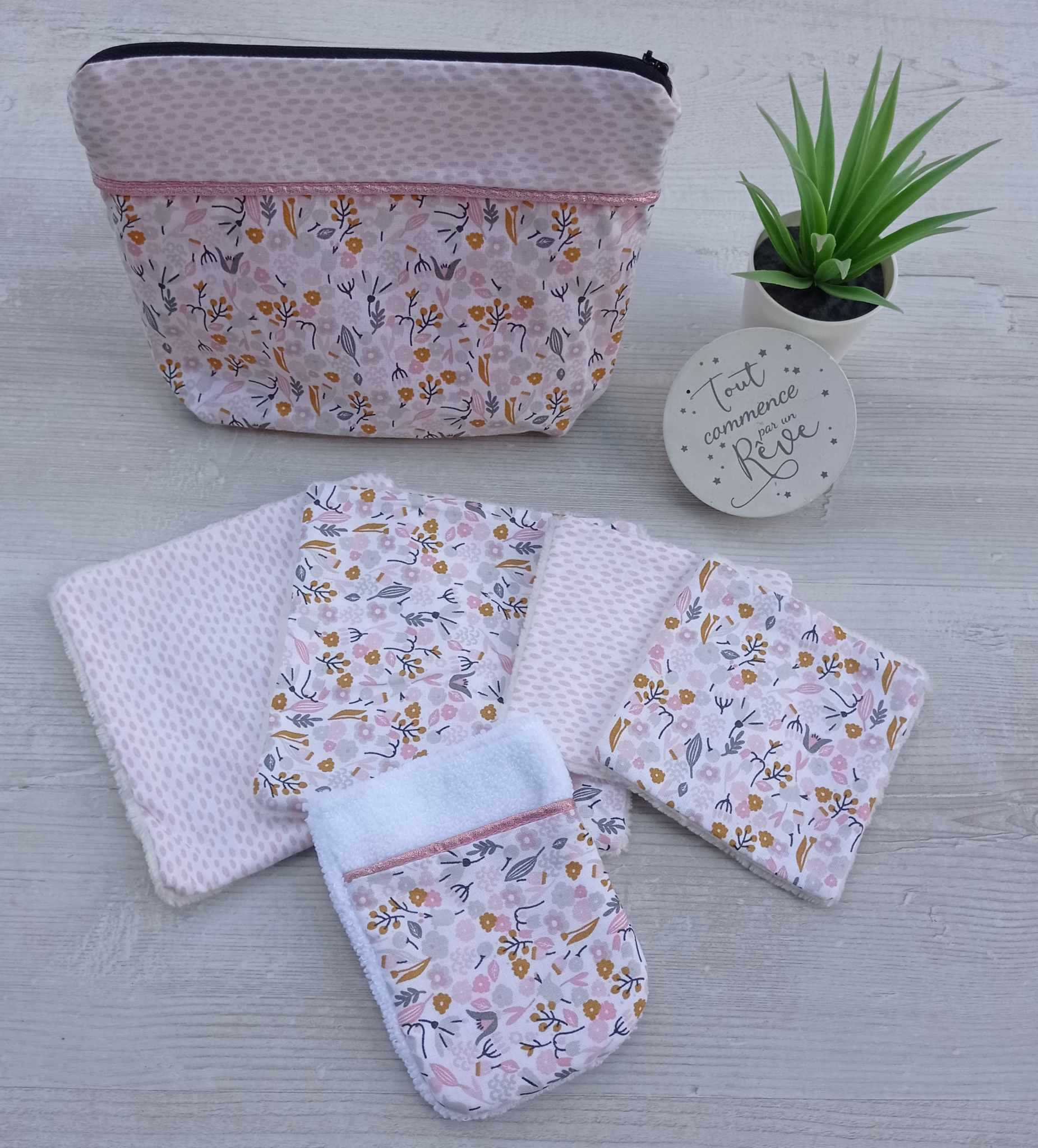 Trousse de toilette en coton et ses lingettes lavables fait main