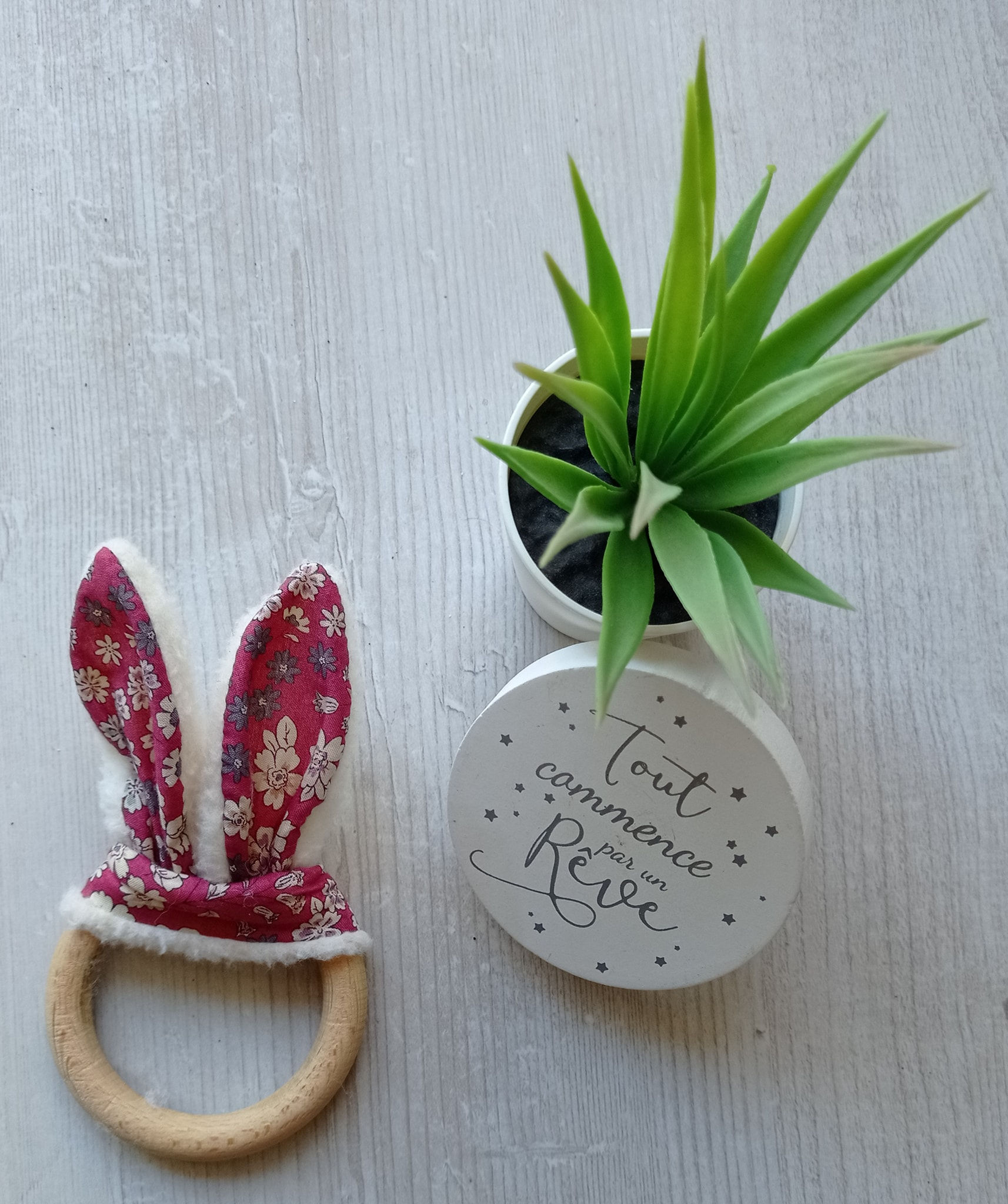 anneau de dentition en bois non traité, oreilles en coton polaires