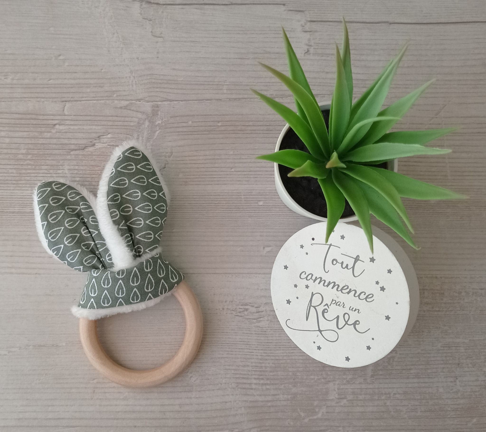 anneau de dentition en bois non traité, oreilles en coton polaires