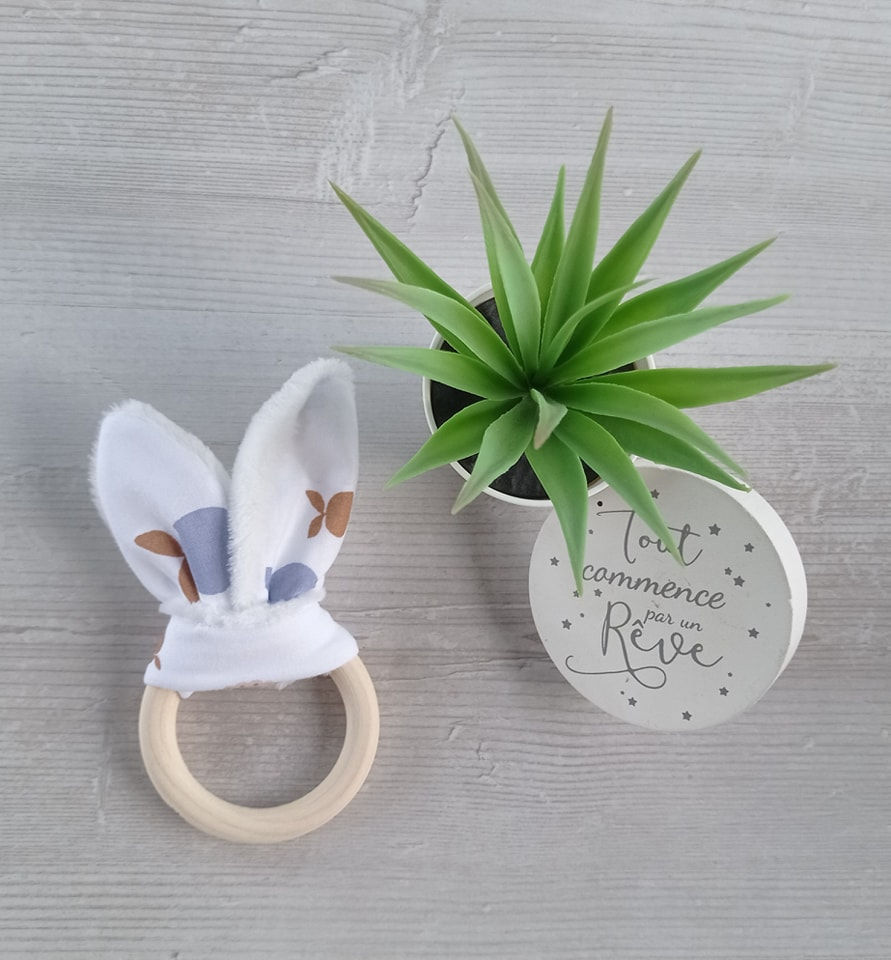 anneau de dentition en bois non traité, oreilles en coton polaires