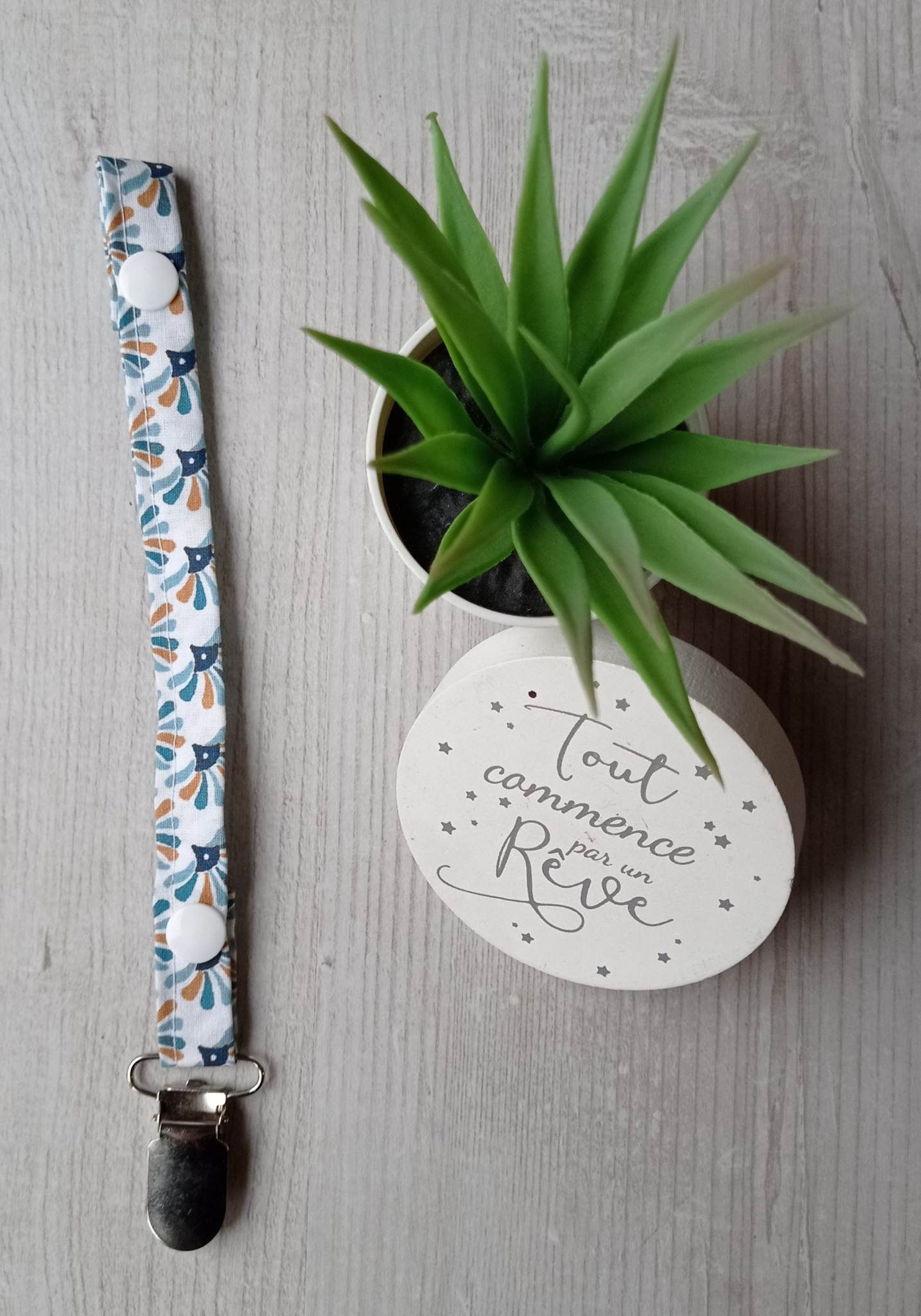 Attache tétine en coton, attache métallique, 21 cm de long