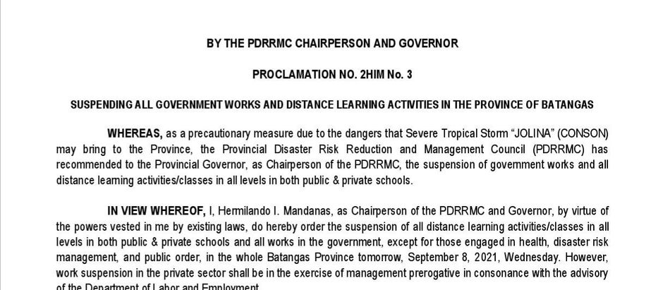 DOLE-Batangas Webinar cancelled due to typhoon "jolina"