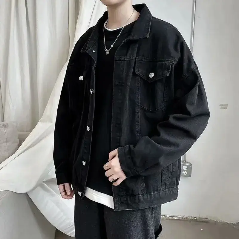 Thumbnail: Black Denim Short Jacket for Men Casual Streetwear Windbreaker with Pockets