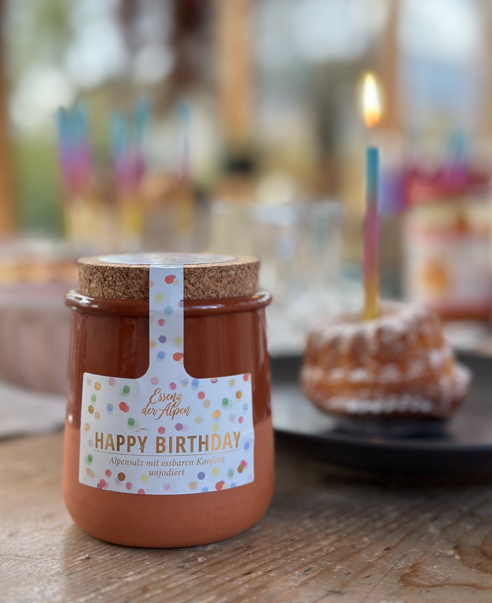 Happy Birthday Salz - Alpensalz unjodiert mit essbaren Konfetti