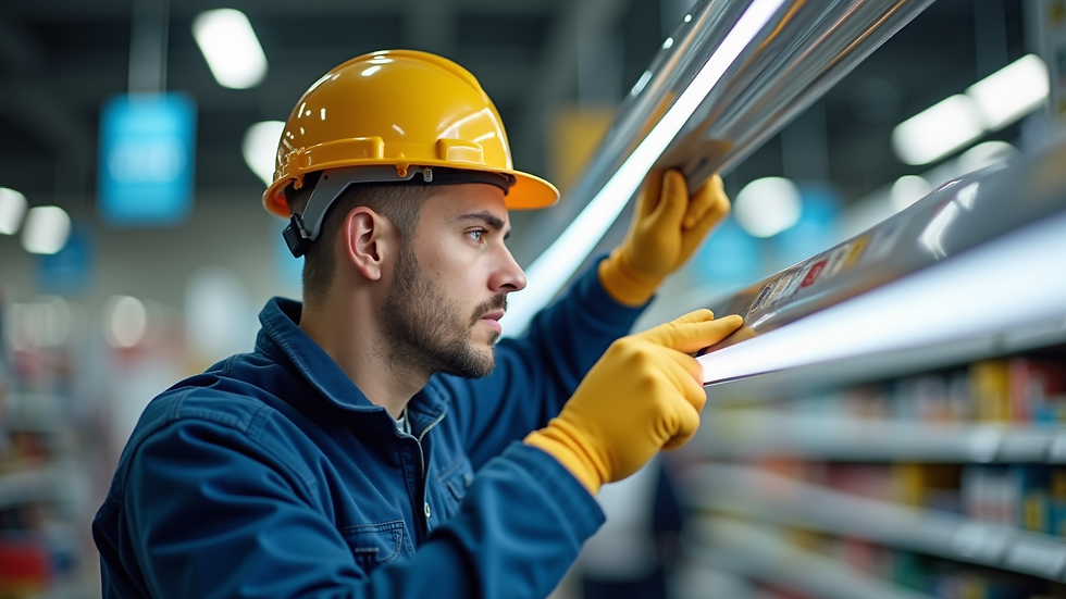 Close-up view of a technician repairing a retail store light fixture