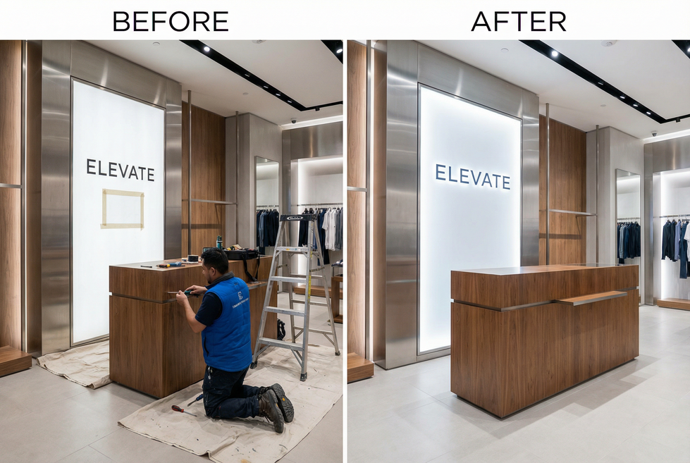 Retail branding elements undergoing minor repair and refurbishment to restore visual consistency