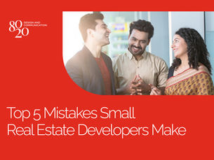 A banner images showing the title 'Top 5 Marketing Mistakes Small Real Estate Developers Make' with 8020 Design Studio logo and an image of a south indian couple talking to a small real estate developer