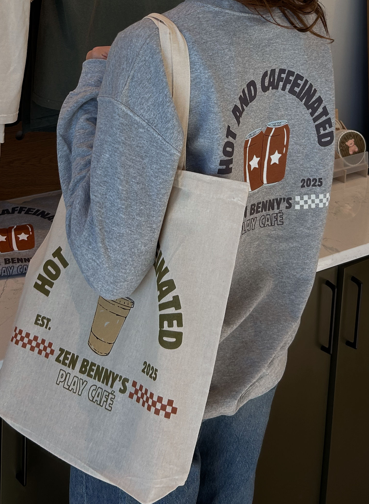 Back of Hot and Caffeinated Crewneck Shirt