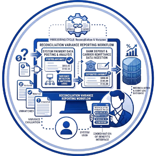 Blue infographic of a reconciliation variance reporting workflow on a monitor, with forms, database, user icons, and arrows.