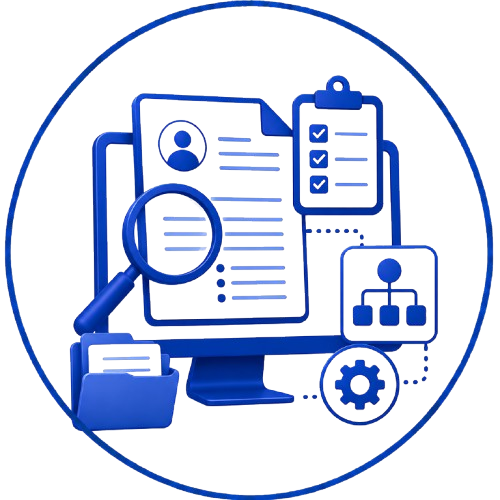 Blue HR document search icon with monitor, magnifying glass, checklist clipboard, folder, org chart, and gear inside a circle