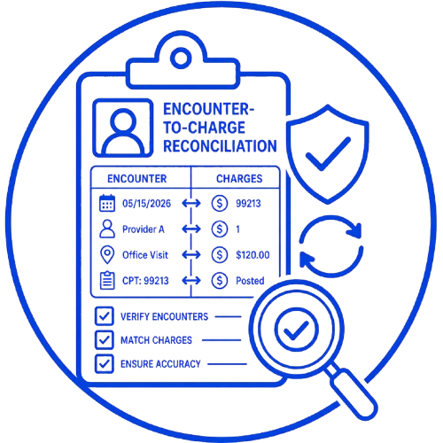 Blue icon of an encounter-to-charge reconciliation clipboard with shield, sync arrows, magnifier, and checklist text in a circle.